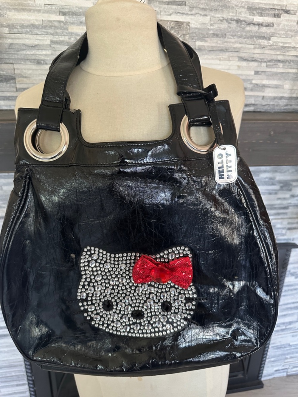 Hello Kitty Black Patent Shoulder Bag with Red Bow Accent